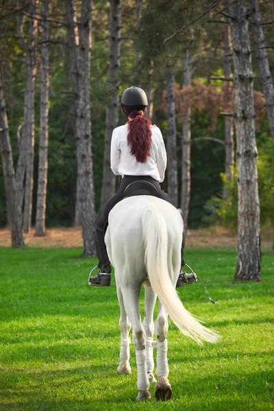 Fille en tenue équestre chevauchant un cheval près des arbres — Photo
