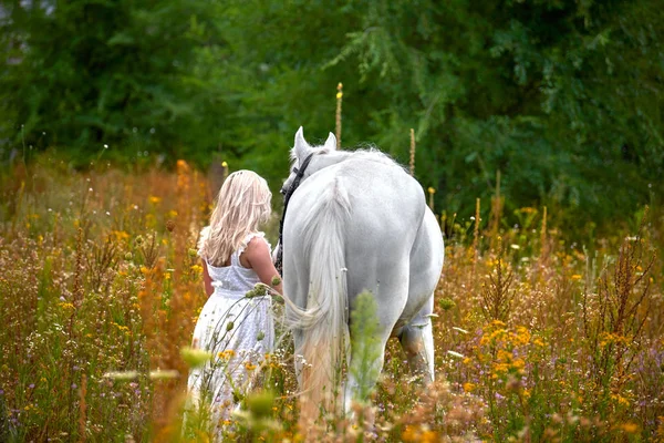 Fille en robe blanche tenant un cheval dans le champ — Photo