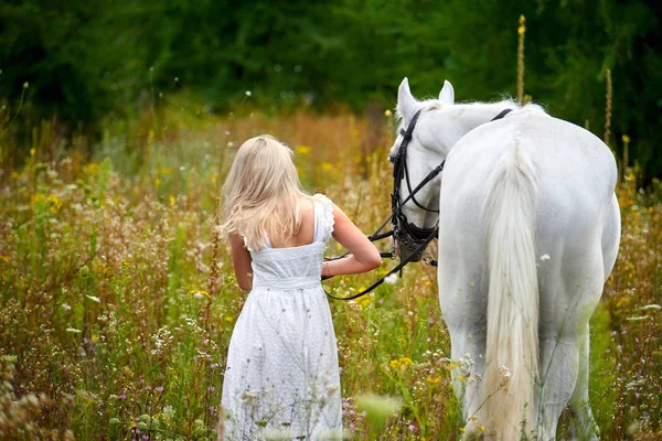 Flicka i vit klänning som håller en häst i fält — Stockfoto