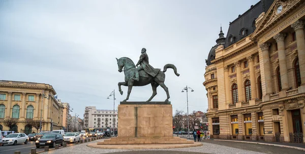 Bucharest Romania Enero 2020 Biblioteca Universidad Central Carol Monumento Ecuestre — Foto de Stock