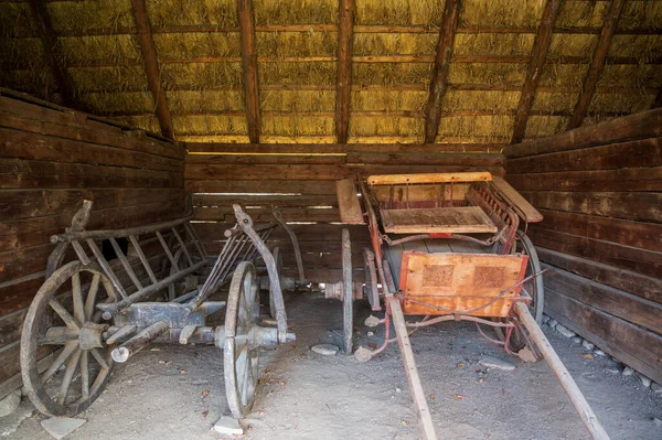 BUCHAREST, ROMANIA - 9 HAZİRAN, 2020: Dimitrie Gusti Ulusal Müzesi 'nde ahşap vagonlar