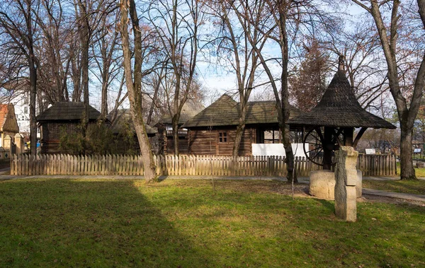 Bucharest Romania Janeiro 2020 Casas Rurais Madeira Poço Museu Nacional — Fotografia de Stock