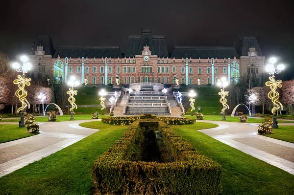 Palace of Culture at night with gardens on the foreground in Iasi, Romania