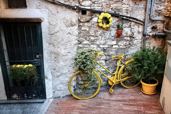 意大利圣雷莫一座旧建筑的立面附近有一辆绿色装饰自行车 — 图库照片