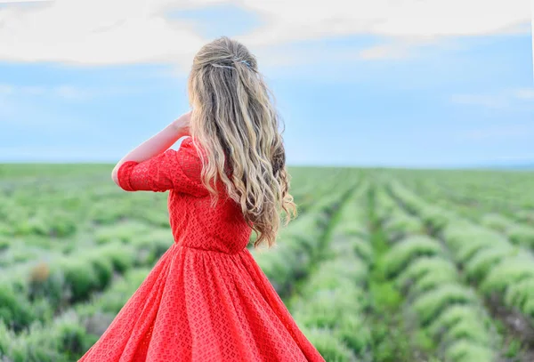 Happy Woman Red Dress Dancing Jumping Lavender Field — Stock Photo, Image
