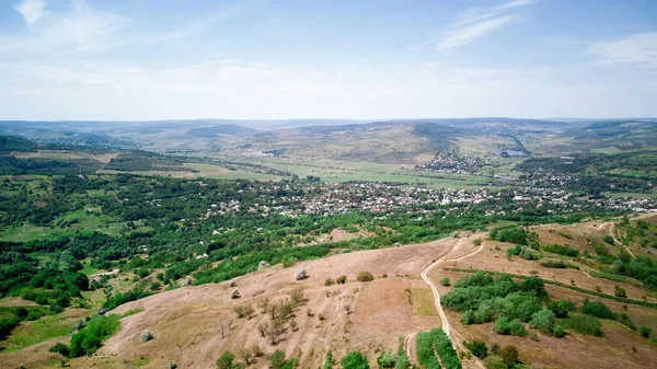 Panorama Plano Naturaleza Moldavia Colinas Campos Pueblo Distancia —  Fotos de Stock