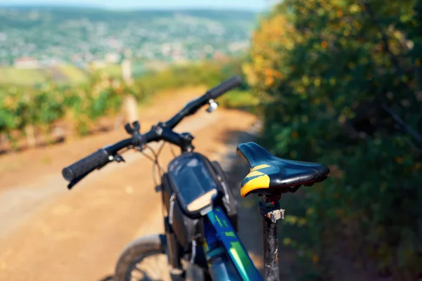 Seat of a parked bicycle on a country road with greenery on the background