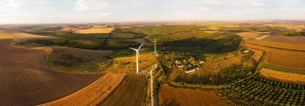Panorama Des Prairies Nord Moldavie Une Éolienne Vue Aérienne Drone — Photo