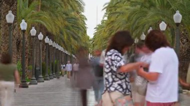 Alicante, İspanya - 19 Mayıs 2025: Palmiye kuyruğundaki zaman aşımı Selfie çeken ve sıra sıra lamba direklerinin altında yürüyen ziyaretçilerle Espana gezintisi