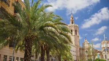 Daytime view of El Micalet bell tower rising above palm trees and surrounding historic roof in the Cathedral precinct, Valencia, Spain