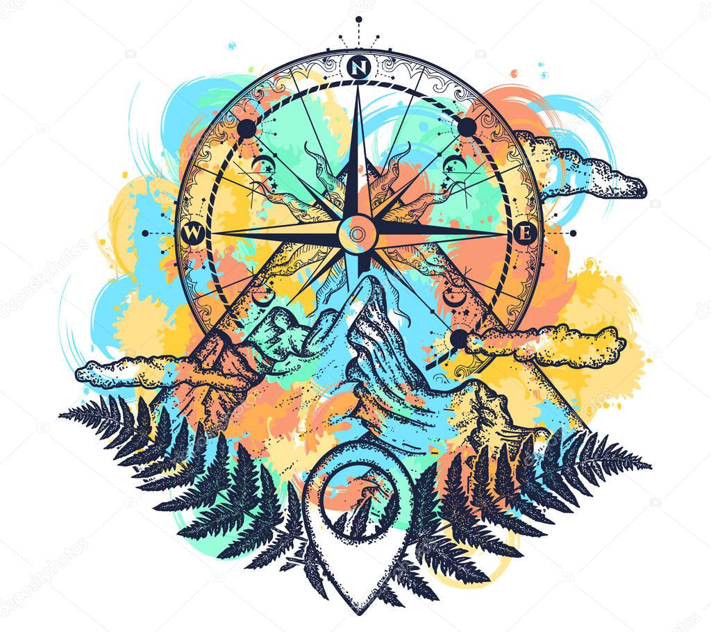 Mountains And Compass Tattoo Watercolor Splashes Style Symbol Of Tourism Rock Climbing Camping Mountain Top And Vintage Compass T Shirt Design Premium Vector In Adobe Illustrator Ai Ai Format Encapsulated