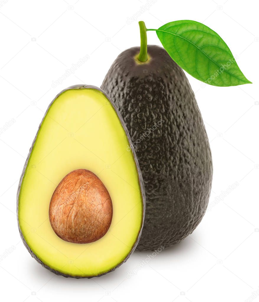Whole and half brown avocados isolated on white background.