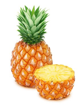 Beyaz arka plan üzerinde izole bütün ve yarıya ananas.