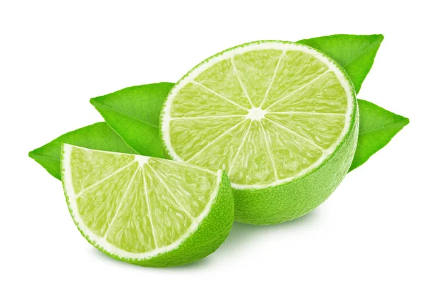 Half and slice of lime with leaves isolated on white background. — Stock Photo, Image