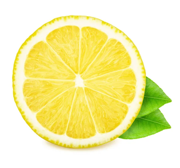 Helft van citroen met bladeren geïsoleerd op witte achtergrond. — Stockfoto