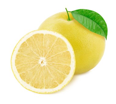 Beyaz arka planda izole edilmiş bütün ve yarıya indirilmiştir beyaz greyfurt.