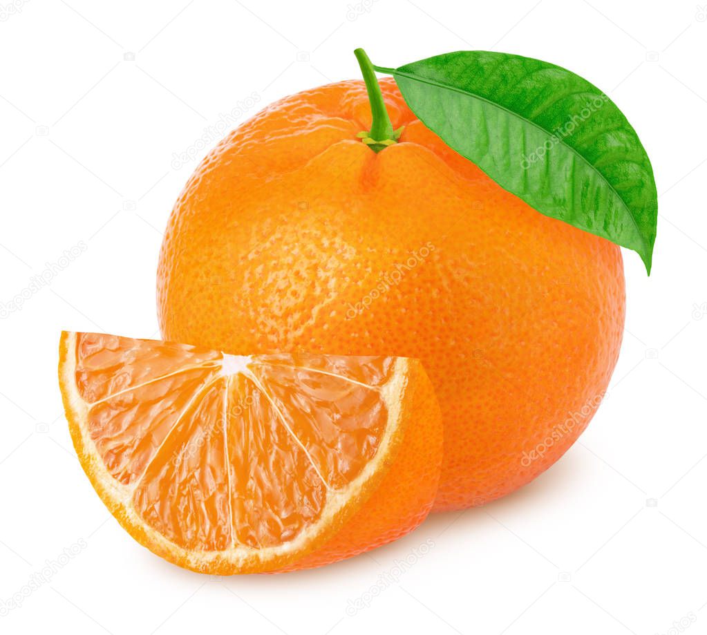 Whole mandarin with slice isolated on white background.