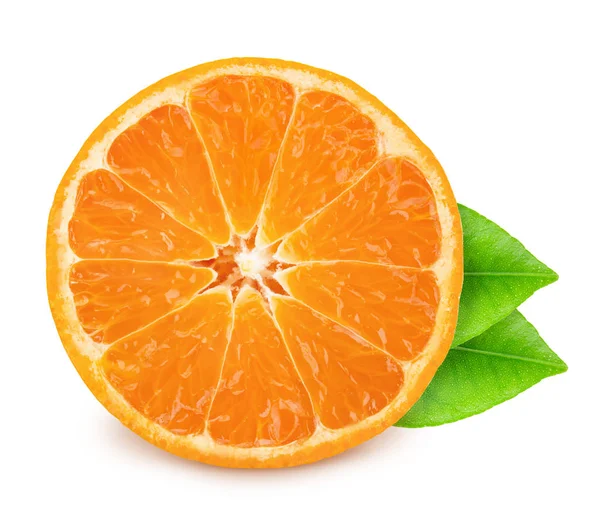 Half of mandarin with leaves isolated on white background. — Stock Photo, Image