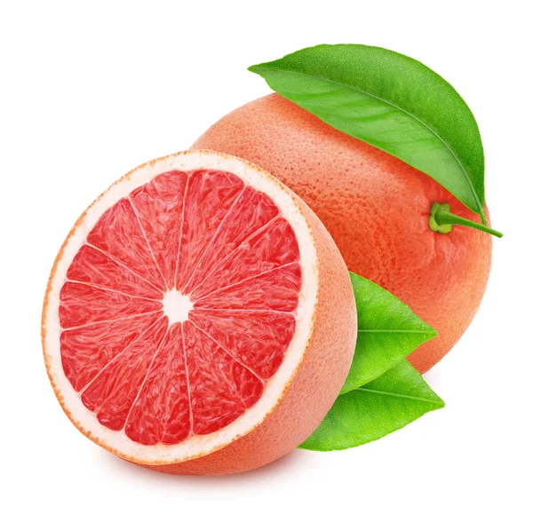 Ganze und halbierte rosa Grapefruits isoliert auf weißem Hintergrund. — Stockfoto