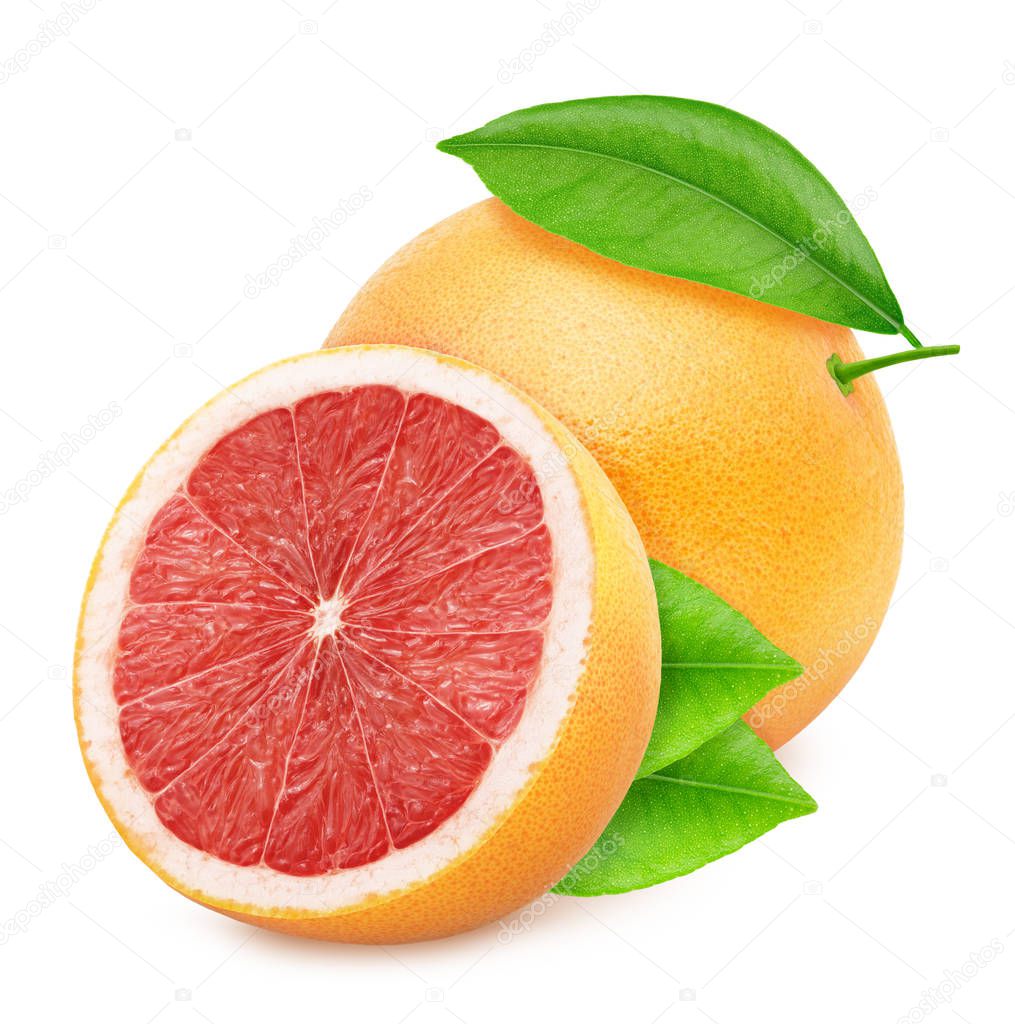 Whole and halved grapefruits isolated on white background.