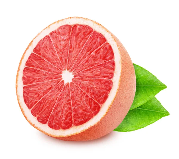 Hälfte der roten Grapefruit mit Blättern auf weißem Hintergrund. — Stockfoto