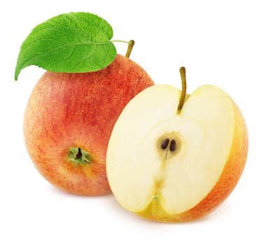 Beyaz bir arka plan üzerinde izole bütün ve kesilmiş kırmızı elma ile Kompozisyon.