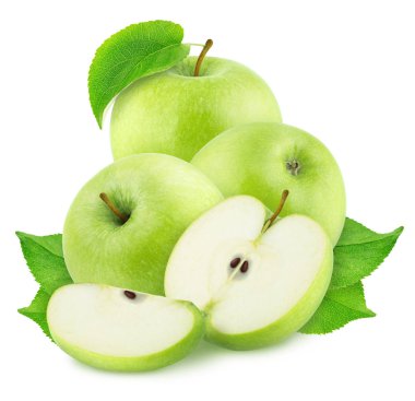 Composition with whole and cutted green apples isolated on a white background.