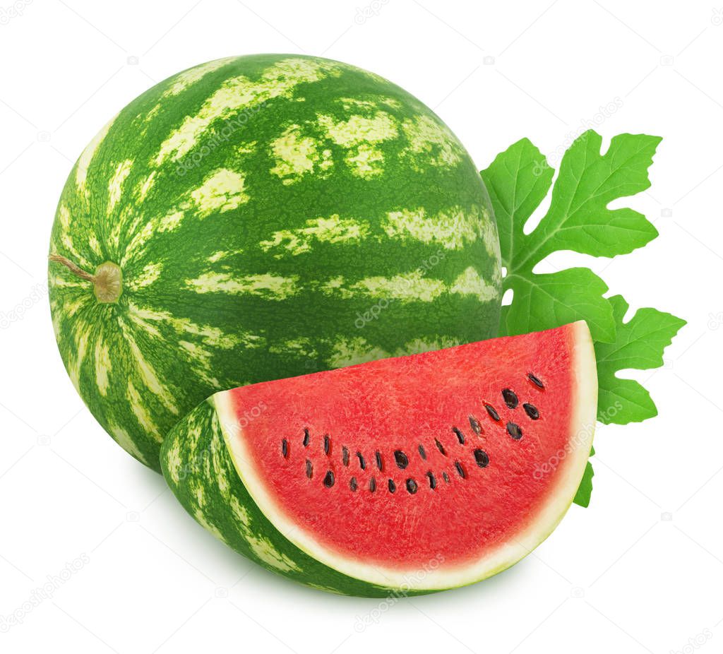 Composition with whole ripe watermelon and slice isolated on white background. As design elements.