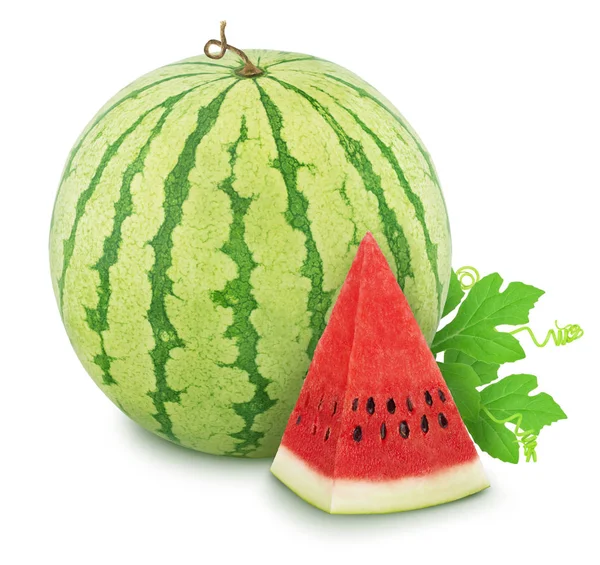 Komposition mit vollreifer Wassermelone und Scheibe isoliert auf weißem Hintergrund. als Gestaltungselemente. — Stockfoto
