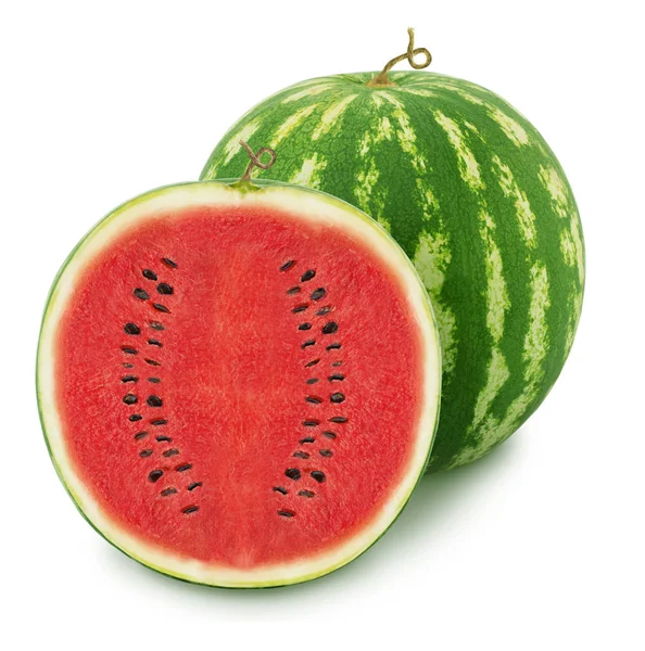 Ganze reife Wassermelone mit halb isoliert auf weißem Hintergrund. — Stockfoto