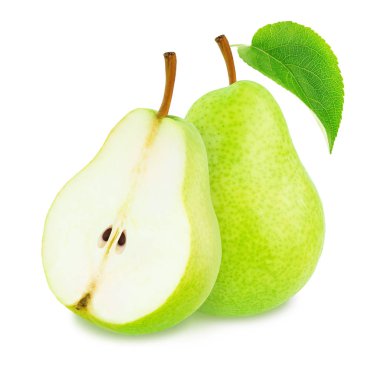 Beyaz bir arka plan üzerinde izole bütün ve kesilmiş yeşil armut ile Kompozisyon.