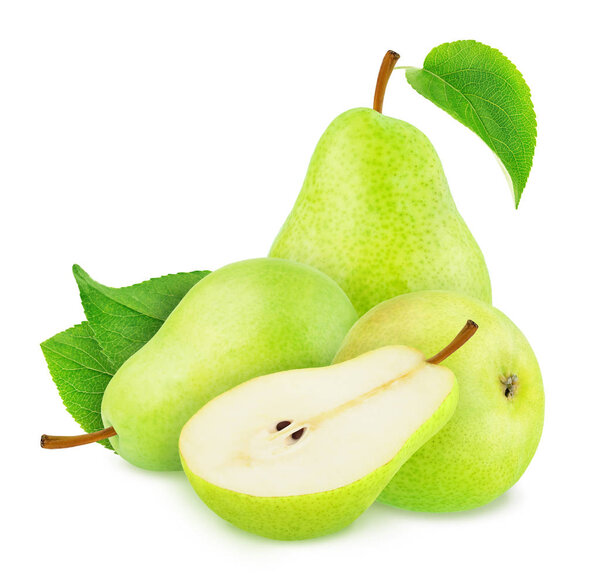 Состав с цельными и вырезанными зелеными грушами изолирован на белом фоне
.