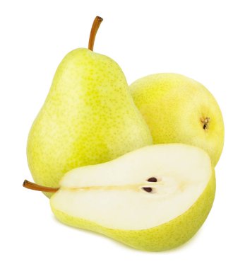 Beyaz bir arka plan üzerinde izole bütün ve kesilmiş sarı armut ile Kompozisyon.