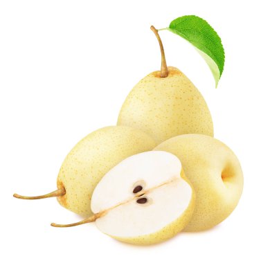 Beyaz bir arka plan üzerinde izole bütün ve kesilmiş asya armut ile Kompozisyon.