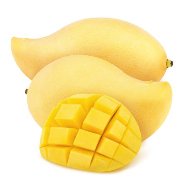 Beyaz arka plan üzerinde izole bütün ve kavisli tay mango ile Kompozisyon. Tasarım öğesi olarak.