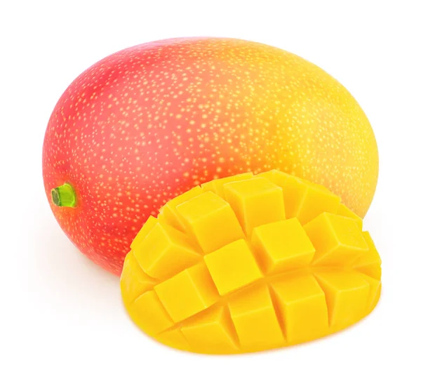 Kompozycja z całych i zmontowalem dojrzałych mango izolowane na białym tle. Jako element projektu. — Zdjęcie stockowe