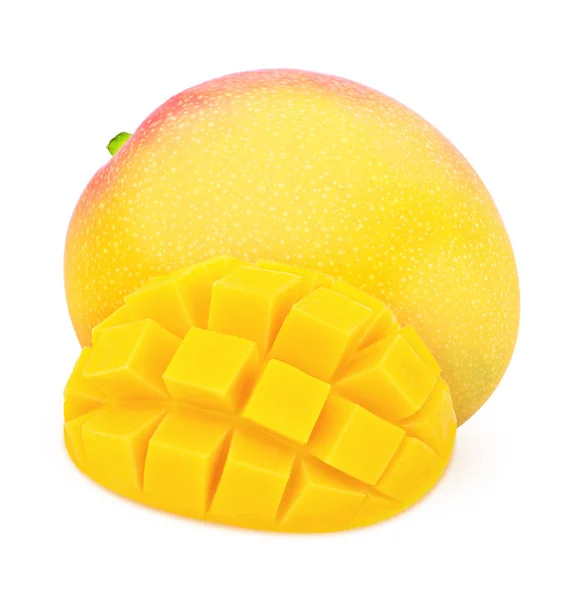 Kompozycja z całych i zmontowalem dojrzałych mango izolowane na białym tle. Jako element projektu. — Zdjęcie stockowe