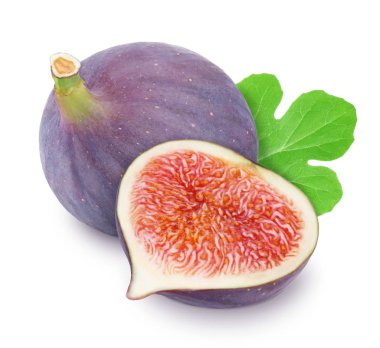 Beyaz arka plan üzerinde izole yaprakları ile olgun tatlı incir Grubu.