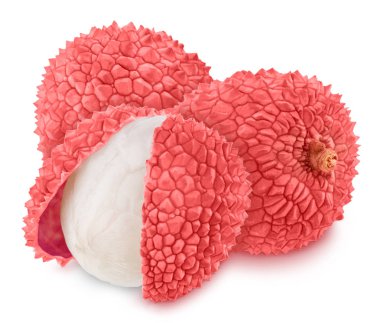 Beyaz arka planda izole sulu litchi meyve ile Kompozisyon.