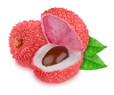 Beyaz arka plan üzerinde izole bütün ve yarıya litchi meyve ile Kompozisyon. Tasarım öğesi olarak.