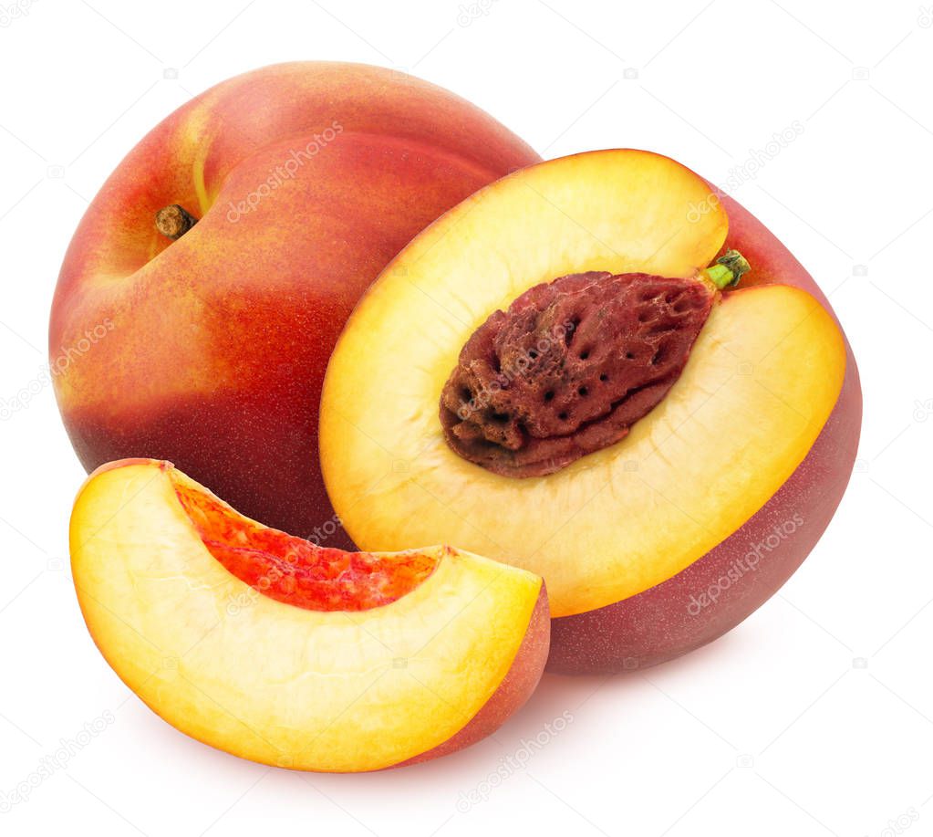 Composition with whole and cutted nectarines isolated on white background. As design element.