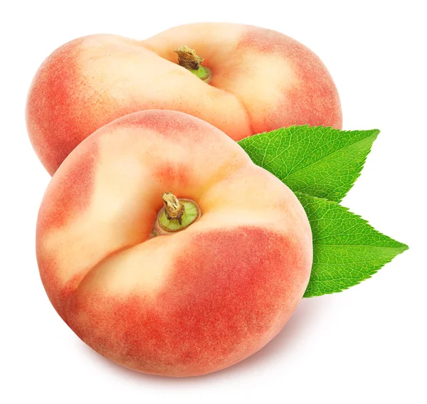 Group of ripe sweet donut peaches with leaves isolated on white background. — Stock Photo, Image