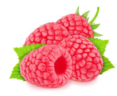 Beyaz arka plan üzerinde izole yaprakları ile taze toplanmış ahududu yığını. Tasarım öğesi olarak.