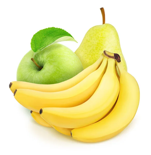 Sammansättning med frukt: bananer, äpple och päron isolerad på en vit bakgrund. — Stockfoto