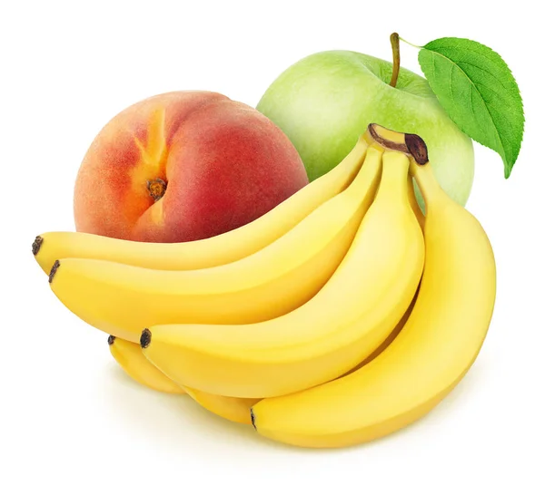 Sammansättning med frukt: banan, äpple och persika isolerad på en vit bakgrund. — Stockfoto