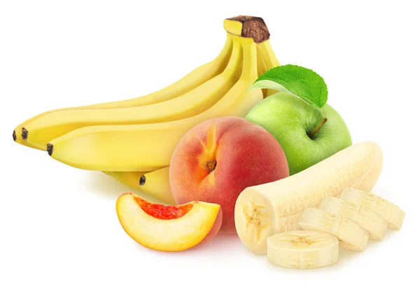 Sammansatt bild med hela och skurna frukter: banan, äpple och persika isolerad på en vit bakgrund. — Stockfoto