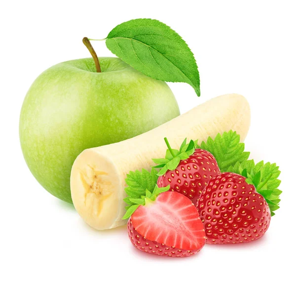 Obraz złożony z całych i ciętych owoców: banan, jabłko i truskawka izolowane na białym tle. — Zdjęcie stockowe