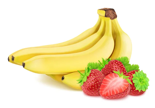바나나 전체와 딸기를 흰색 배경으로 분리 한 모습. — 스톡 사진