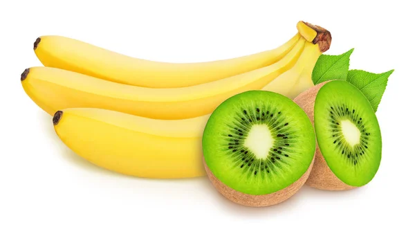 Banaan met gesneden kiwi geïsoleerd op een witte achtergrond. — Stockfoto