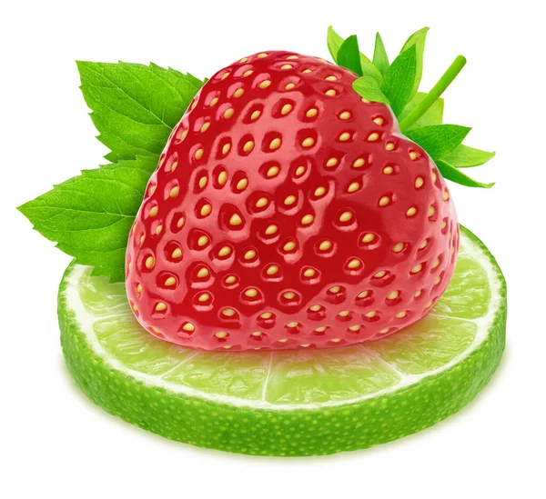Composition à la lime et à la fraise isolées sur un fond blanc avec chemin de coupe. Variation sur un thème Mojito . — Photo